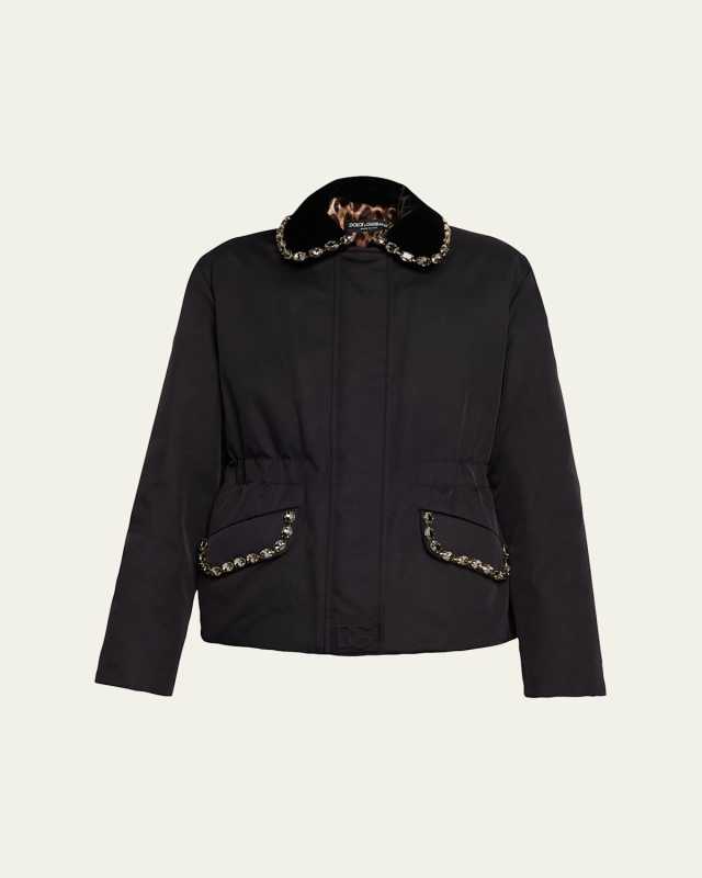 Crystal Velvet-Collar Nylon Barn Jacket